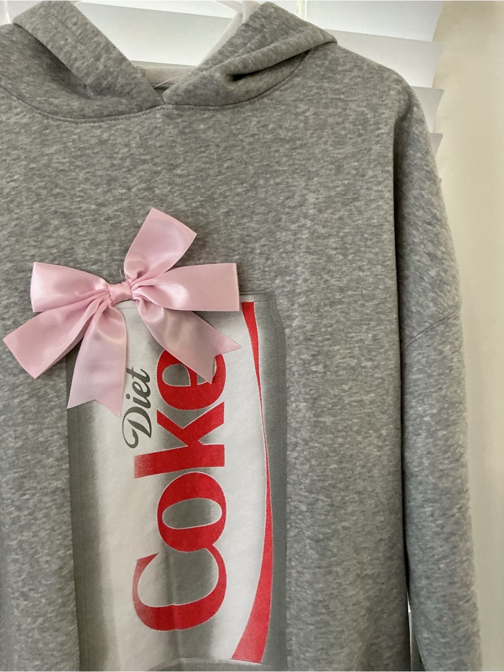 DIET COKE Gray Hooded Sweatshirt with Pink Bow and Diet Can Graphic